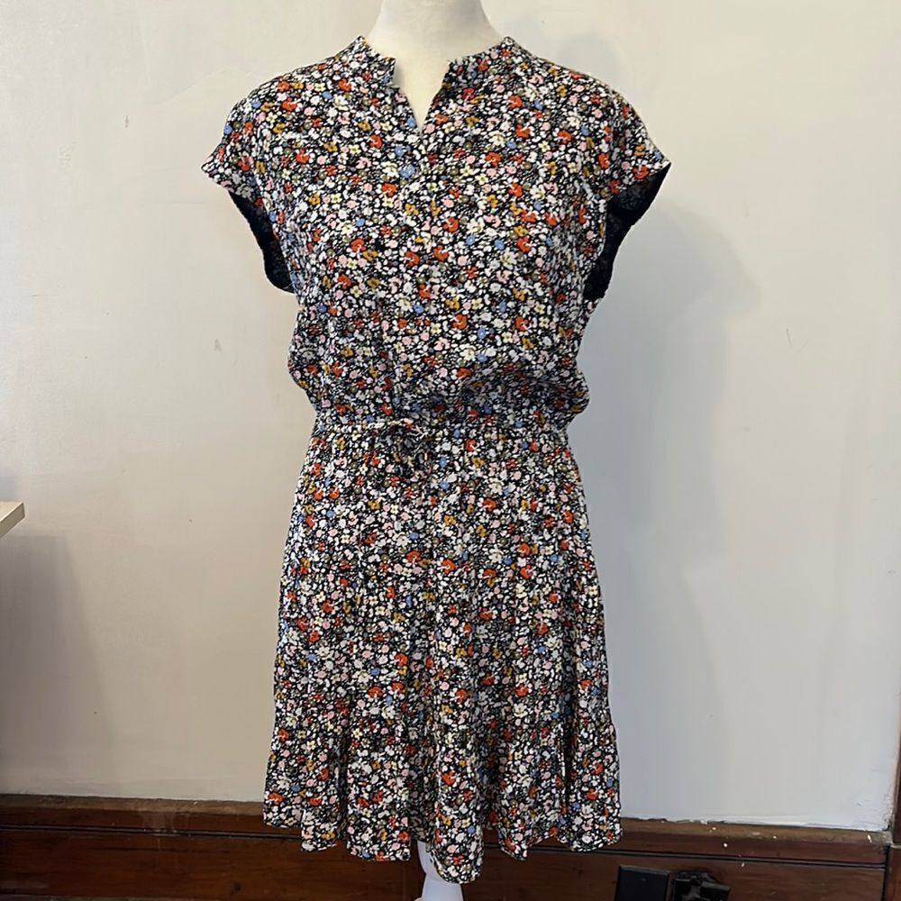 Rebecca Minkoff black floral cap sleeve tie waist dress Size XS New